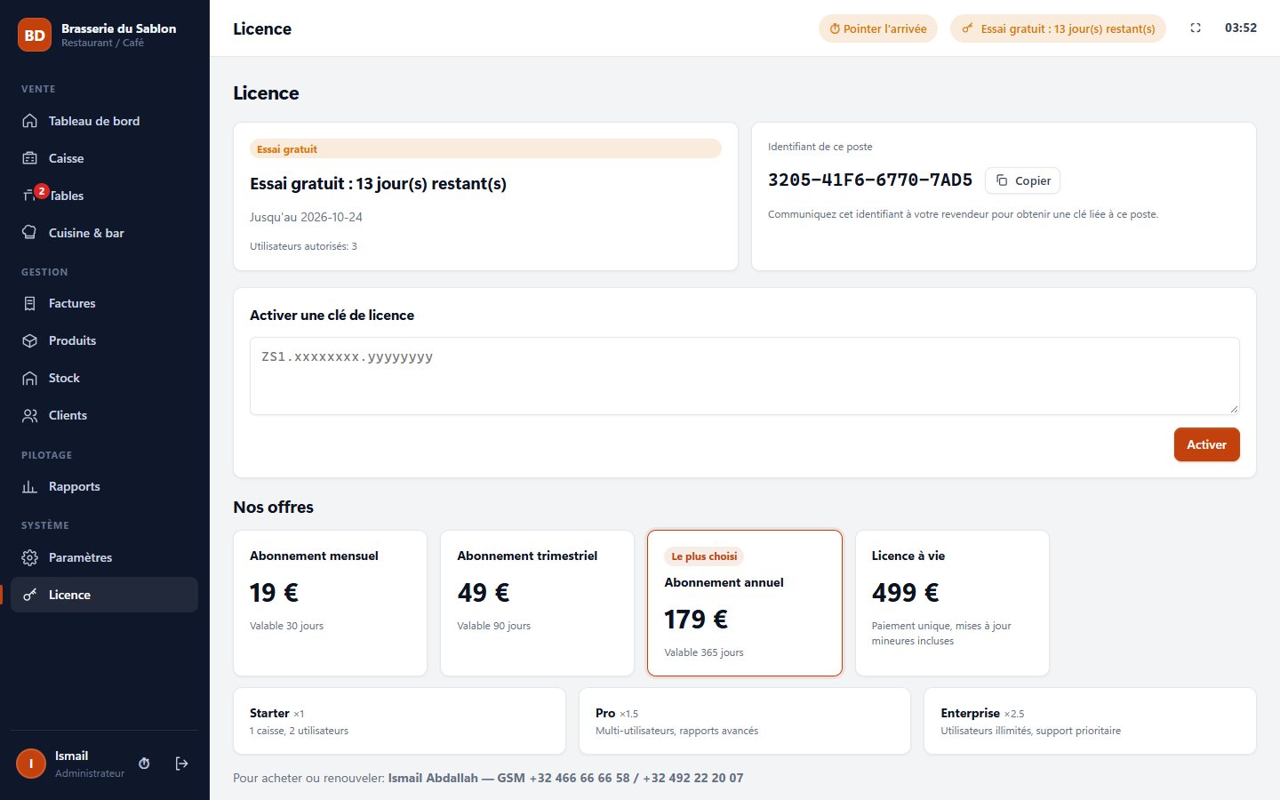 Écran licence avec l'ID machine